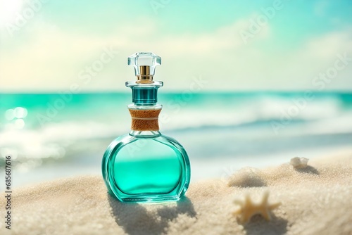 turquoise perfume bottle on a paradisiac beach