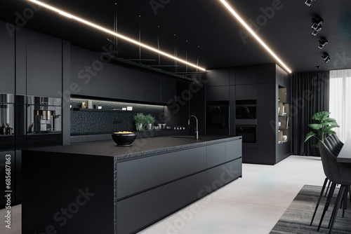 Sleek and modern, dark black kitchen exudes industrial edge and sophisticated style