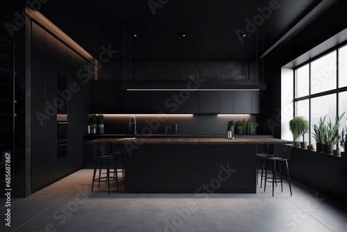 Sleek and modern, dark black kitchen exudes industrial edge and sophisticated style