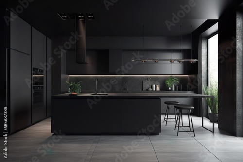 Sleek and modern, dark black kitchen exudes industrial edge and sophisticated style