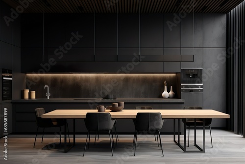 Sleek and modern, dark black kitchen exudes industrial edge and sophisticated style photo