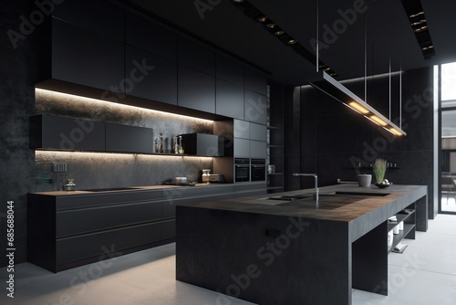 Sleek and modern, dark black kitchen exudes industrial edge and sophisticated style