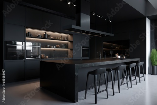 Sleek and modern, dark black kitchen exudes industrial edge and sophisticated style