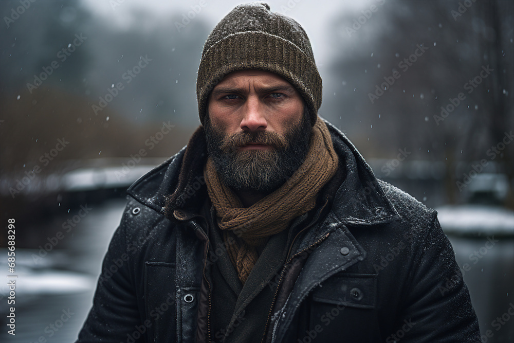 Bearded man guy enjoying wonderful winter weather snowy forest hiker Generative AI Bearded man guy enjoying wonderful winter weather snowy forest hiker Generative AI