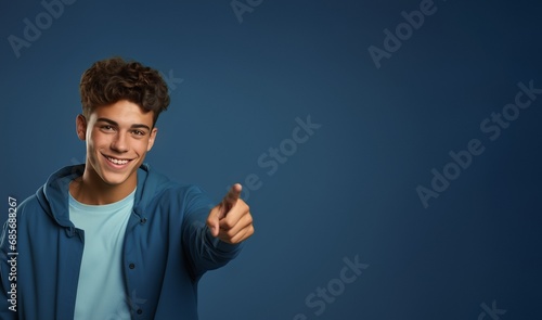 Happy funny teen guy pointing fingers aside advertising new promo offer. Smiling student model showing presenting ads standing isolated on green, blue background. Copy space photo