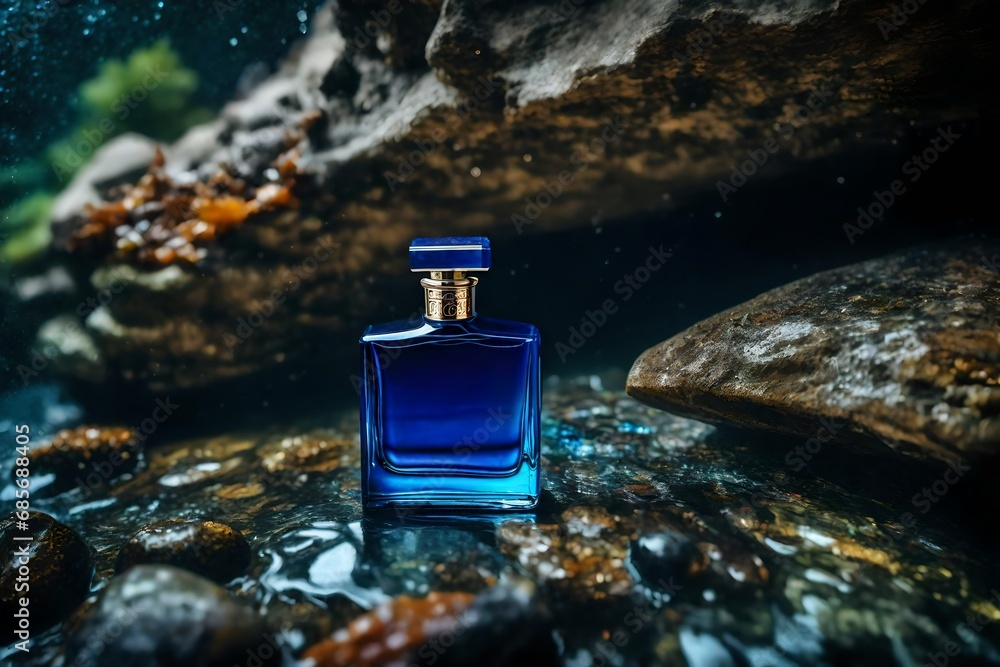 perfume flacon on bright blue stone background perfume flacon on bright blue stone background