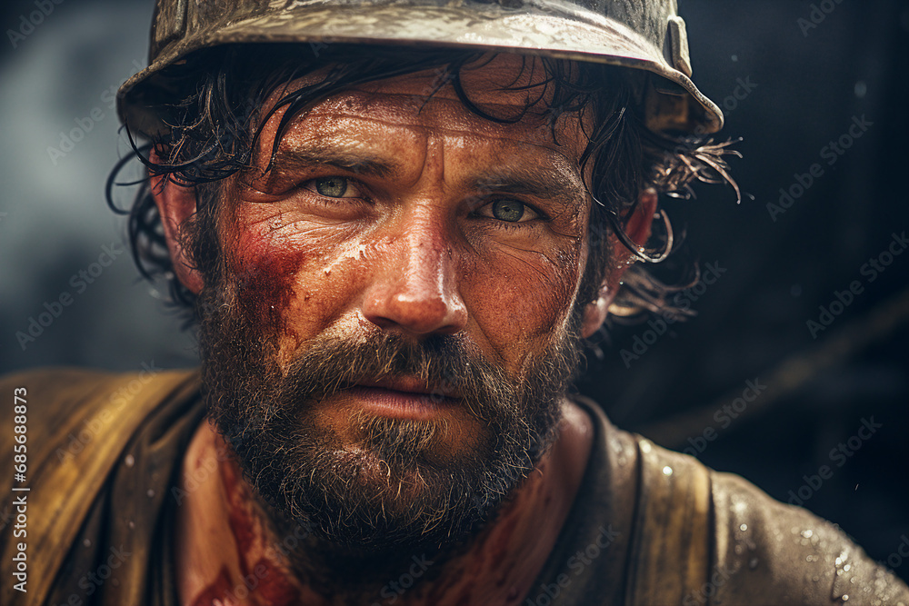 Generative ai technology portrait of mine worker wearing helmet extracting coal resources dirty face Generative ai technology portrait of mine worker wearing helmet extracting coal resources dirty face