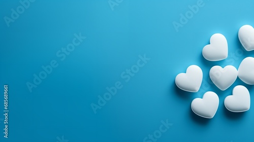 Isolated on a backdrop of blue with empty space, white medical  pills in the shape of hearts, Generative AI.