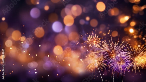 New Year s Eve bokeh and fireworks in shades of gold and  violet with copy space  Generative AI.