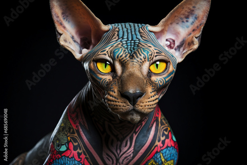 Generated by AI picture modern style sphinx cat with pattern on skin many tattoo photo