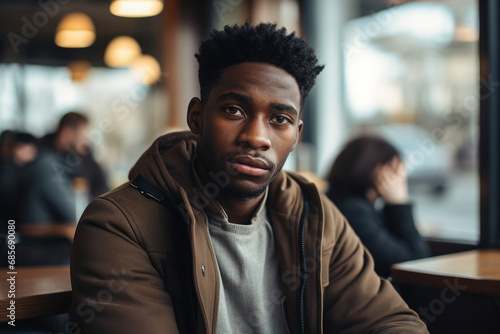 Generative AI portrait of confident city citizen person enjoying weekend time drinking coffee in modern cafe