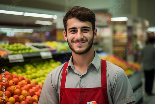 AI generated portrait of joyful happy salesman working in supermarket
