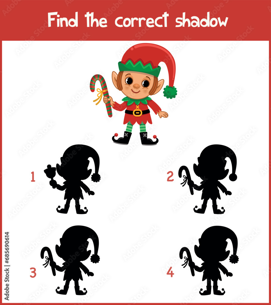 Printable Worksheet for Preschool Children in Elf Shadow Match Theme. Vector Illustration.