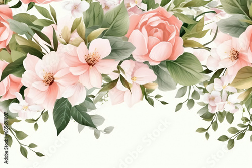 Watercolor floral border wreath with green leaves  pink peach blush and flower branches