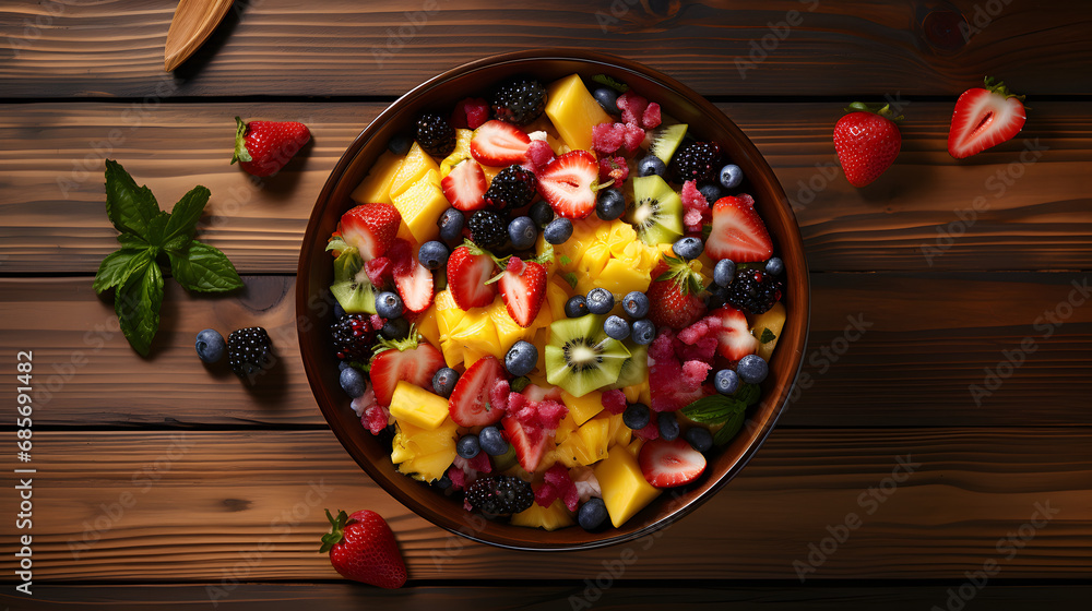 High-Angle View of a Vibrant Fruit Salad Arranged Artfully on a Wooden Table. High-Angle View of a Vibrant Fruit Salad Arranged Artfully on a Wooden Table.