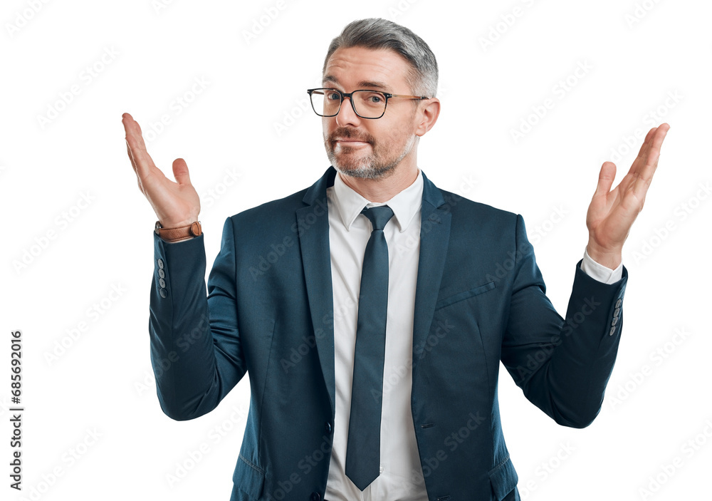 Portrait, shrug and business with man, doubt and employee isolated on transparent background. Face, mature person or entrepreneur with body language, confused and problem solving with png or reaction Portrait, shrug and business with man, doubt and employee isolated on transparent background. Face, mature person or entrepreneur with body language, confused and problem solving with png or reaction
