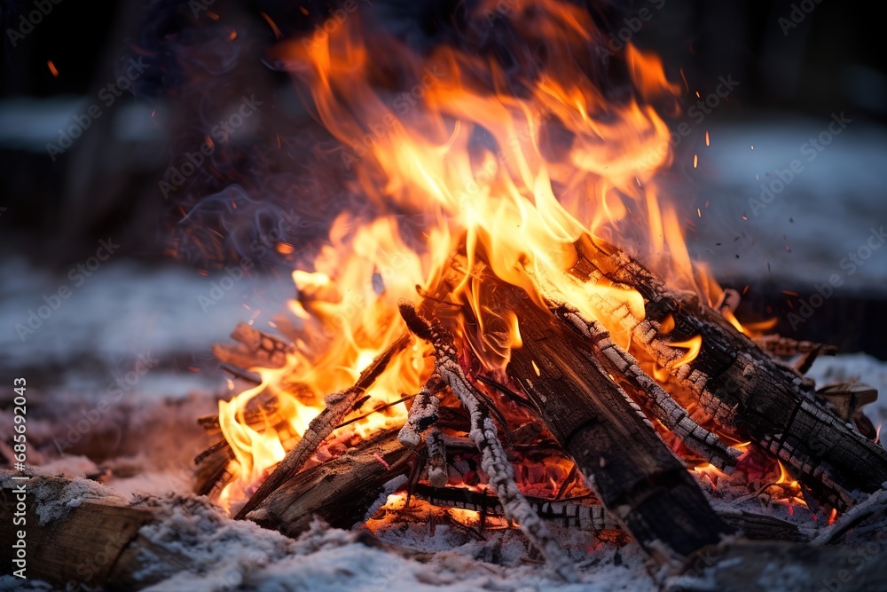 Lagerfeuer bei Nacht im Schnee im Wald. Holz brennt mit heißen Flammen in schneebedeckter Landschaft. Outdoor Campingplatz auf der Lichtung im Winter.