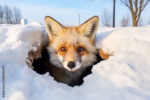 Brauner Fuchs schaut aus seinem Fuchsbau in freier Natur im Schnee. Fuchs in einer Winterlandschaft im Winter. Schaut aus dem Eingang zu seinem Bau.