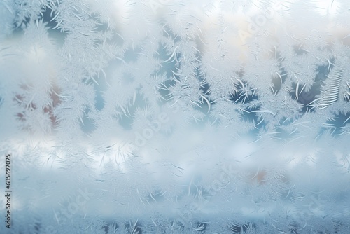 Eiskristalle auf eine Glasscheibe. Eis im Winter am Fenster. Frost an einer Scheibe mit Kristallen aus Eis.