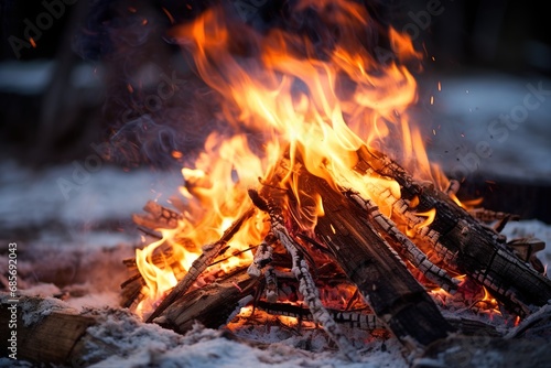 Lagerfeuer bei Nacht im Schnee im Wald. Holz brennt mit heißen Flammen in schneebedeckter Landschaft. Outdoor Campingplatz auf der Lichtung im Winter.