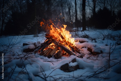 Lagerfeuer im Schnee im Wald. Holz brennt mit heißen Flammen in schneebedeckter Landschaft. Outdoor Campingplatz auf der Lichtung im Winter. photo
