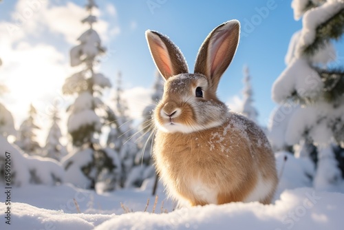 Hase oder Karnickel sitzt im Schnee im Winter. Verschneite Winterlandschaft zur kalten Jahreszeit.