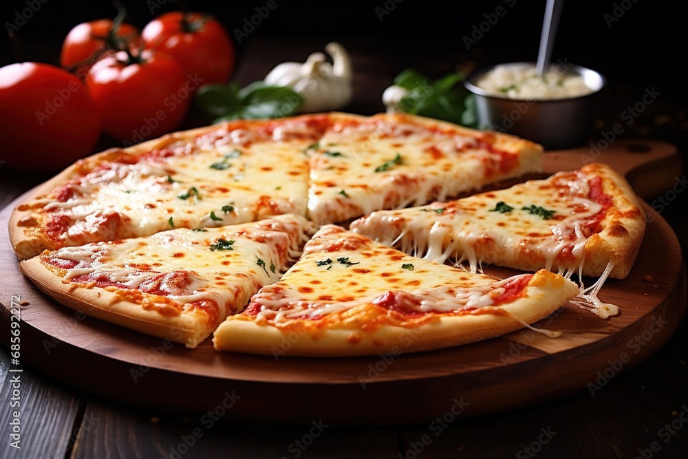 Foto de Leckere Pizza mit viel Käse. Geachtelte und geteilte Pizza auf einem runden Holzbrett