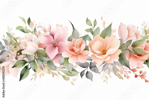 Watercolor floral border wreath with green leaves, pink peach blush and flower branches © Micromedia