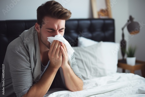 Mann mit einer Erkältung im Bett schnieft sich die Nase. Niesen in ein Taschentuch bei Schnupfen. Krank zu Hause mit einer Grippe.