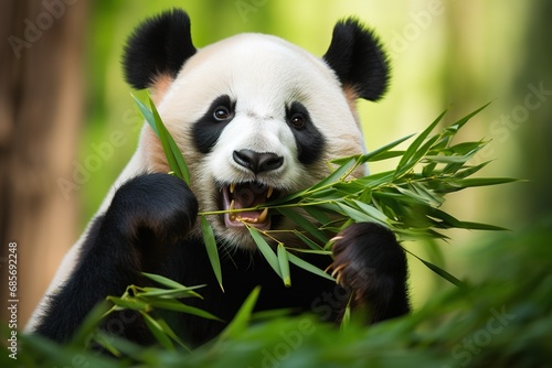 Pandab  r frisst Bambusbl  tter. Ein Panda in freier Natur beim Futtern von Bambus im Wald.