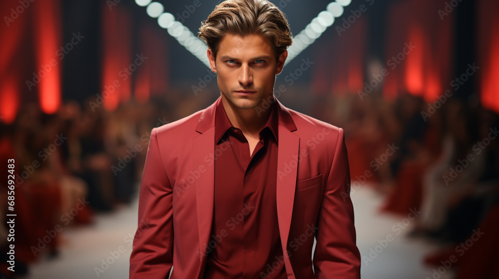 Male model in red shirt on fashion show.