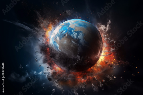 Earth in burns as Global catastrophe  Hell. War on Earth as Climate Change. Planet Earth in space with explosions. Warming and fire on Earth  Death. Earth in burns as Global catastrophe  Hell.