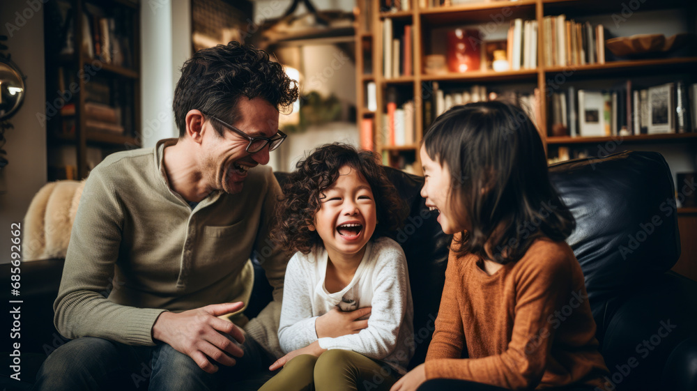 Happy Asian multi generation family parent and grand parent with little daughter child sitting and relax laughing on sofa in living room together with smiling cheerful laugh smile at home background. Happy Asian multi generation family parent and grand parent with little daughter child sitting and relax laughing on sofa in living room together with smiling cheerful laugh smile at home background.