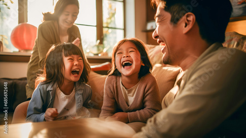 Happy Asian multi generation family parent and grand parent with little daughter child sitting and relax laughing on sofa in living room together with smiling cheerful laugh smile at home background.