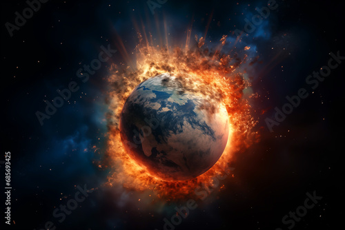 Earth in burns as Global catastrophe, Hell. War on Earth as Climate Change. Planet Earth in space with explosions. Warming and fire on Earth, Death. Earth in burns as Global catastrophe, Hell.