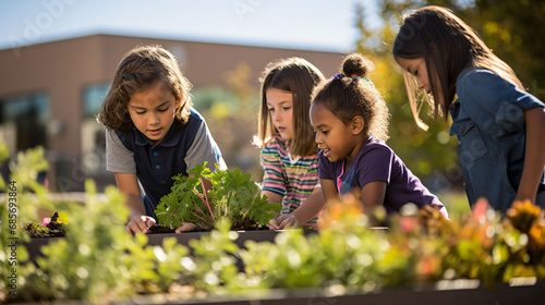 Four children learning planting vegetables for school