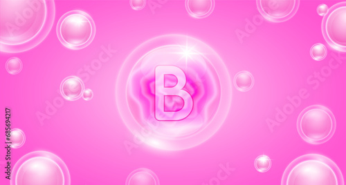 Pink vitamin B floating in the air. Vitamins minerals complex and collagen serum. For cosmetic banner or beauty skin care nutrition design. Essential supplement to the health body. 3D vector.