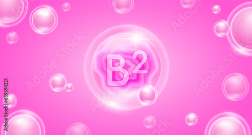 Pink vitamin B2 floating in the air. Vitamins minerals complex and collagen serum. For cosmetic banner or beauty skin care nutrition design. Essential supplement to the health body. 3D vector.