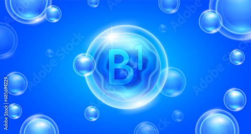 Blue vitamin B1 floating in the air. Vitamins minerals complex and collagen serum. For cosmetic banner or beauty skin care nutrition design. Essential supplement to the health body. 3D vector.