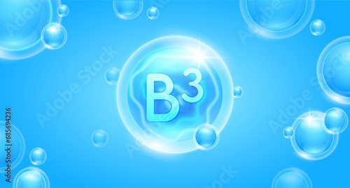 Blue vitamin B3 floating in the air. Vitamins minerals complex and collagen serum. For cosmetic banner or beauty skin care nutrition design. Essential supplement to the health body. 3D vector.