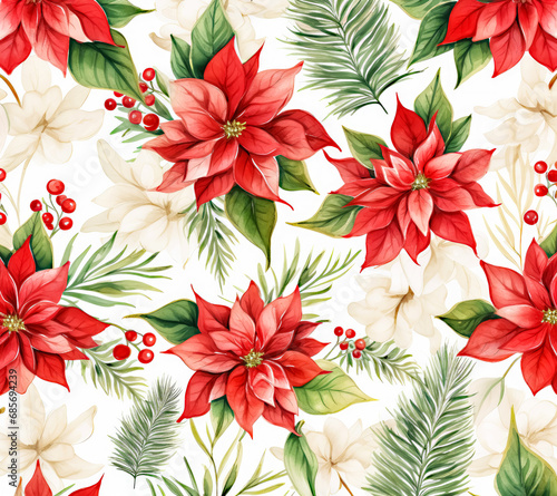 Watercolor Poinsettia Flowers Pattern Background for Christmas Decoration and Wrapping Paper © ChinnishaArts