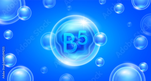 Blue vitamin B5 floating in the air. Vitamins minerals complex and collagen serum. For cosmetic banner or beauty skin care nutrition design. Essential supplement to the health body. 3D vector.