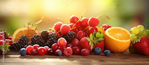 Fresh fruits and berries assorted nutrition isolated natural burred background.