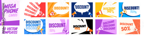Megaphone cards set. Discount banner.