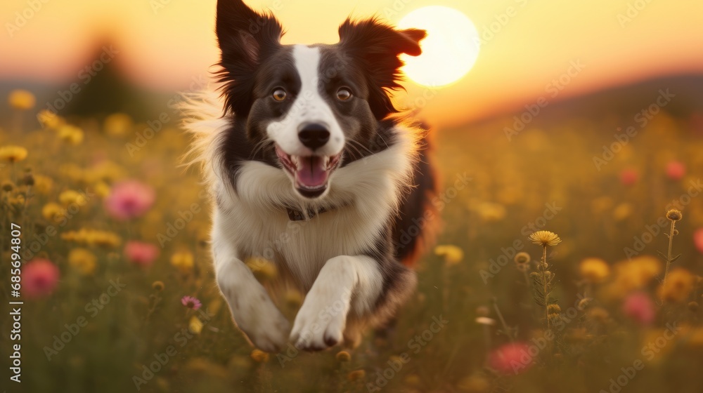 Fototapeta premium Happy Border Collie dog running through a field of flowers