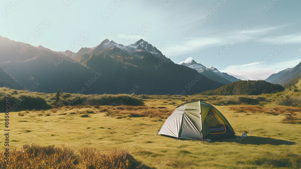 A Tent Set Amidst Nature with Majestic Mountain Backdrop.