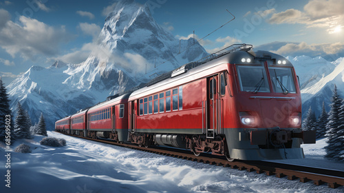 Train running through the snowy mountains.