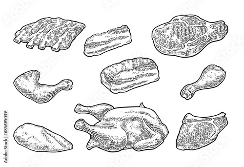 Set meat products. Brisket, steak, chicken leg, ribs wing, and breast halves. Vintage black vector engraving illustration. Isolated on white background.