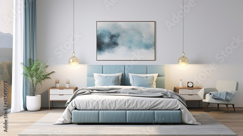 sky blue bedroom interior with white bed. luxury bright bedroom design. contemporary furniture