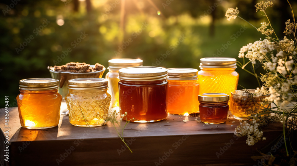 Jars of different varieties of honey on a tree trunk Jars of different varieties of honey on a tree trunk